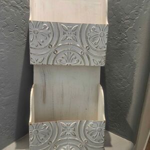 Distressed White 2-Tier Wooden and Metal Wall Mail Organizer 26" x 12" x 4"